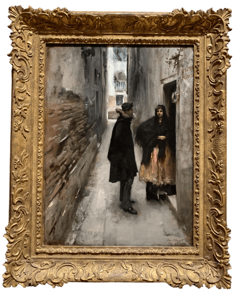 John Singer Sargent's painting, A Street in Venice. Image courtesy Clark Art Institute. A man looks at a woman in a Venetian alleyway. Is there connection or attachment between them?